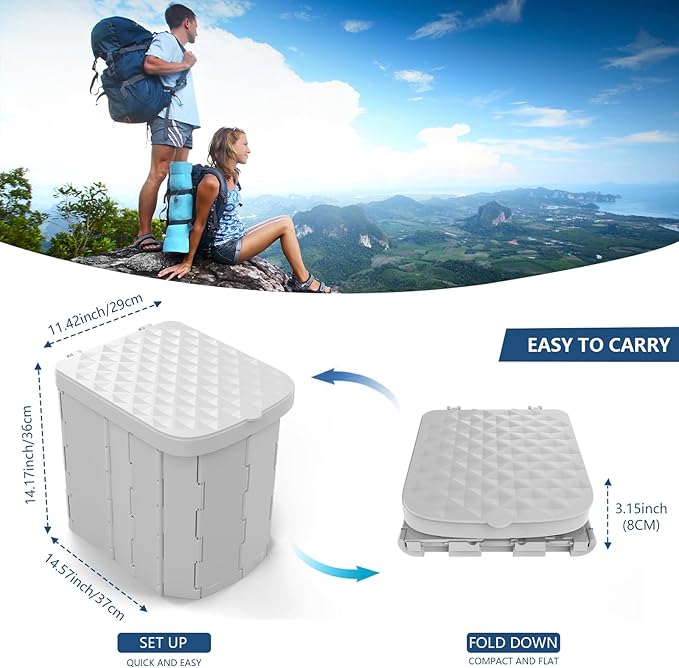 Hapoon XL Portable Folding Toilet with Lid - Travel Portable Potty for Adults, 12 Toilet Bags, 12 Pack Liquid Waste Gel