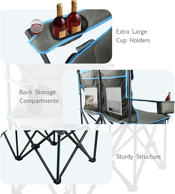 Folding Camping Chair - Oversize Camping Chairs for Adults, 2 Seat Folding Chair Support 650lbs with Pillows & Cup Holders & Cooler Bags- Heavy Duty Chair for Sports Garden Beach Fishing(Bluegray)