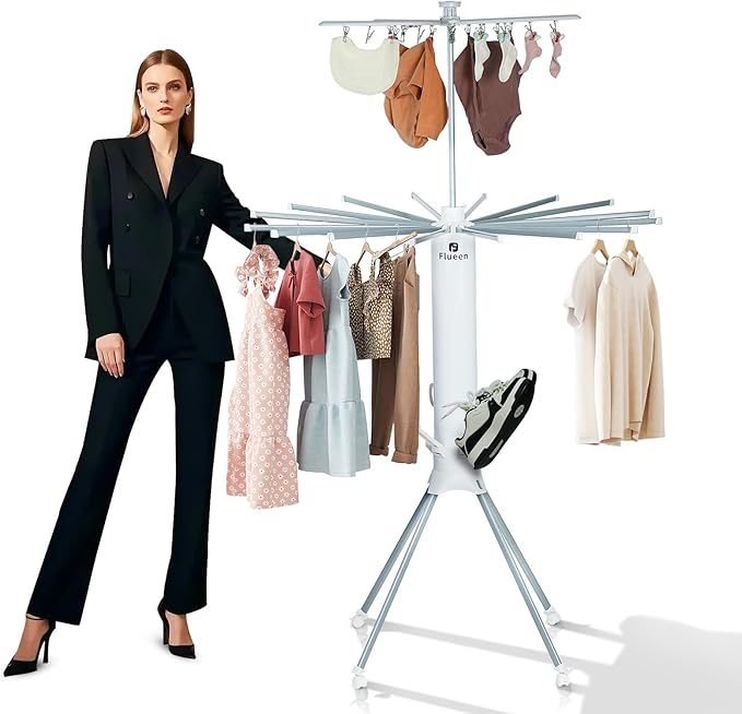 Clothes Drying Rack 2025 Upgrade 4-Legged 3-Tier Foldable Laundry Rack with 4 Pulleys 20 Clips,6 Shoe Dryers 16Drying Rods for Indoor/Outdoor, Camping, Poolside Space Saving, Whit
