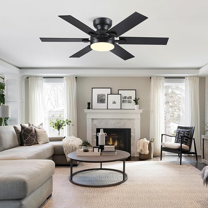 46" Low Profile Ceiling Fans with Lights and Remote,Black Indoor Ceiling Fans with Quiet Reversible DC Motor, Modern Flush Mount Fans Light for Bedroom Kitchen