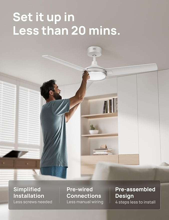 Dreo Smart Ceiling Fans with Lights, 52 Inch White Ceiling Fan, 12 Speeds & 3 Fan Modes, Stepless Color Tones, Dimmable LED Light, 1-12H Timer, Quiet DC Motor, Remote/APP/Alexa/Wall Switch Control