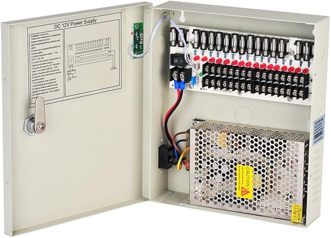 16 Channel Port 12V DC 10 Amp Amper with PTC Fuse Distributed Power Supply Box for CCTV DVR Security System and Camera or Cameras