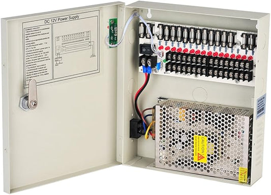 16 Channel Port 12V DC 10 Amp Amper with PTC Fuse Distributed Power Supply Box for CCTV DVR Security System and Camera or Cameras