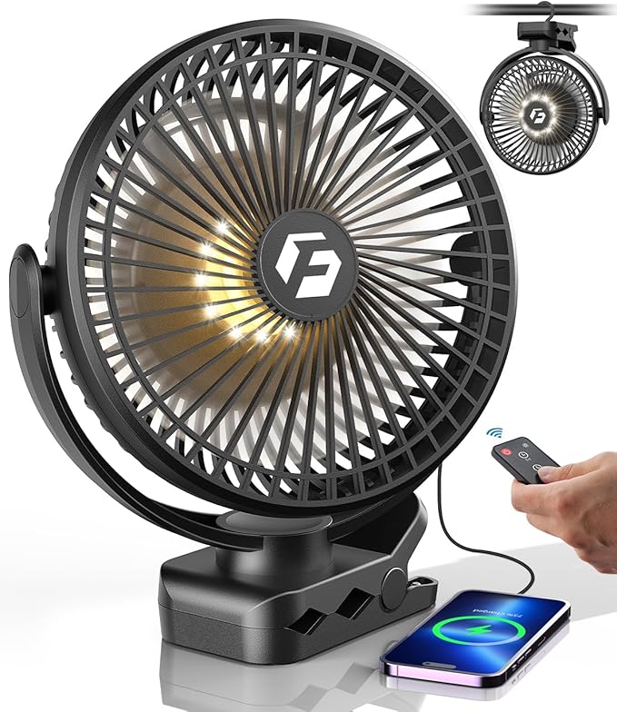 24000mAh Clip on Fan for Golf Cart - 8-inch Portable Rechargeable Fans - Max Up to 150Hrs Work Time - Battery Operated Fan with LED, Remote, Timers, Hook for Office, Desk, Camping, Tent, Treadmill