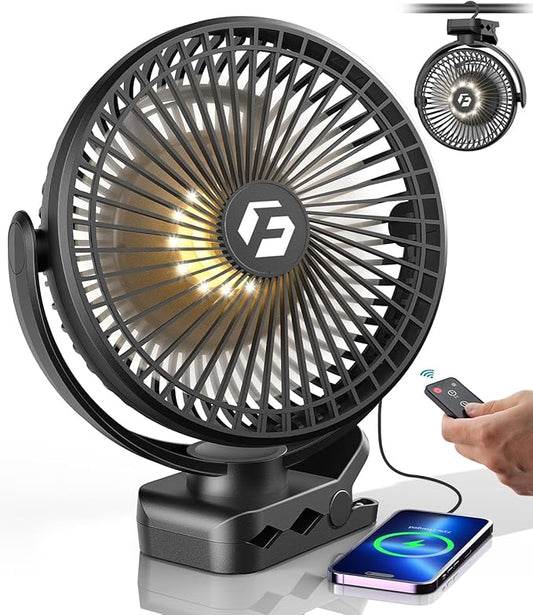 24000mAh Clip on Fan for Golf Cart - 8-inch Portable Rechargeable Fans - Max Up to 150Hrs Work Time - Battery Operated Fan with LED, Remote, Timers, Hook for Office, Desk, Camping, Tent, Treadmill
