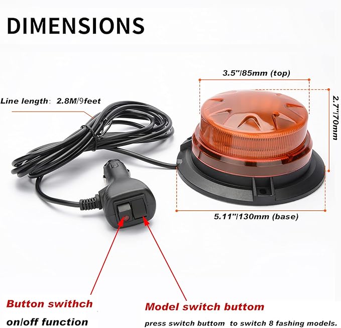 AUXMOTEC Amber Led Emergency Strobe Beacon Lights Bar with Magnetic Mount and 8 Flash Models Yellow Warning Safety Rooftop Signal Lamps Vehicles Forklift Truck Tractor Golf Car Carts (24-LED 12V-24V)