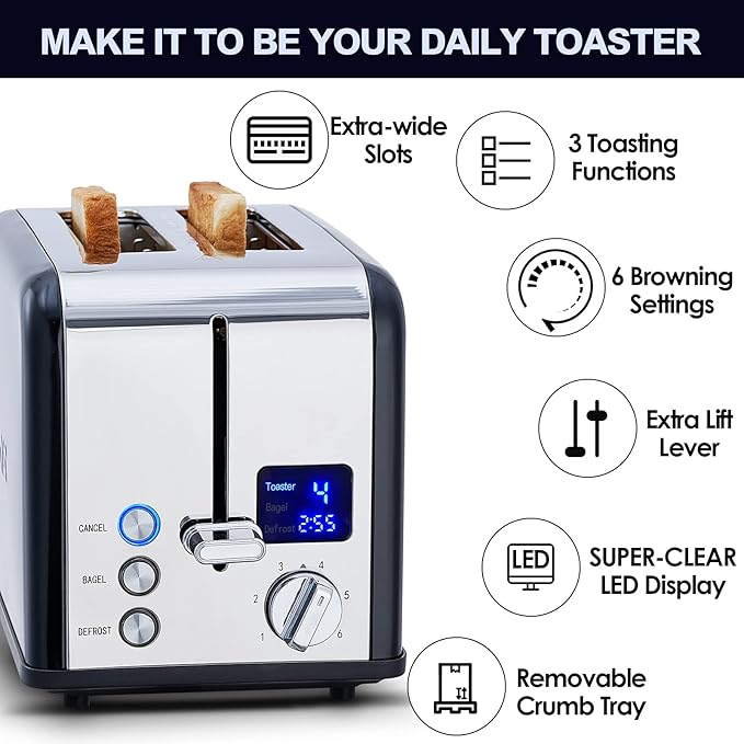 CUSIMAX 2 Slice Stainless Steel Toaster With Large LED Display, 1.5'' Extra-Wide Slots, 6 Browning Settings, Cancel/Bagel/Defrost Function, Removable Crumb Tray, Black
