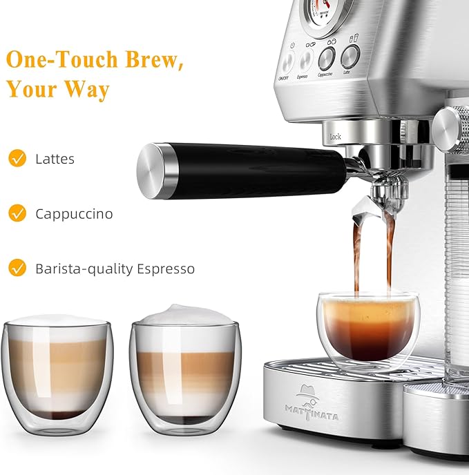 Cappuccino Coffee Machine with Automatic Milk Frother, Compact Espresso Machine with Pressure Gauge, Stainless Steel Cappuccino Maker with for Home, Office