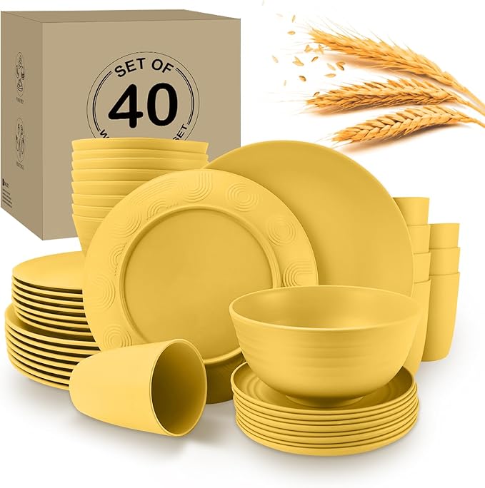 40Pack plates and bowls sets for kids - Unbreakable wheat straw dinnerware sets service for 8 - Alternative plastic 40pcs dish sets for kitchen, camping and indoors dinning - (Yellow)