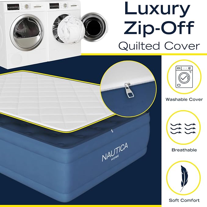 Nautica Home 20" Cloud Supreme Air Mattress with Zip-Off Pillowtop, Built-in Pump, Quick 2-Minute Inflation,Queen Size, Perfect for Guests, Travel, Camping, Durable Offset Coil Construction