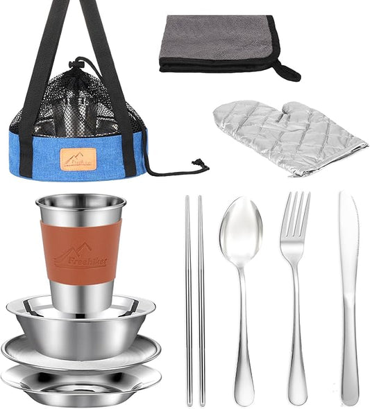 Camping Mess Kit - 1 to 2 persons Camping Dishes includes Cups, Bowls, Knives, Forks, Spoons, Camping Dinnerware Set Camping Cooking Utensils Accessories Plates Dinnerware Set