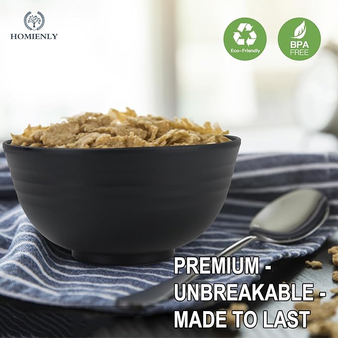 Homienly Cereal Bowl Set, Wheat Straw Bowls for Kitchen, Unbreakable Lightweight Bowl Set of 8, Microwave and Dishwasher Safe Bowls, Reusable Bowl for Serving, Cereal, Snack,Fruit(Black, 26 OZ)