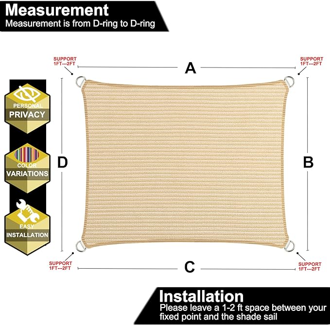 11' x 13' Beige Outdoor Sun Shade Sail Canopy ??UV Resistant Permeable Awning Fabric for Patio, Garden, Backyard, Pergola, Carport, Lawn Shelter Cover