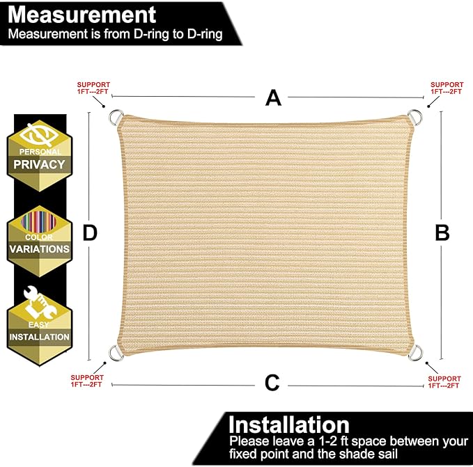 13' x 14' Beige Outdoor Sun Shade Sail Canopy ??UV Resistant Permeable Awning Fabric for Patio, Garden, Backyard, Pergola, Carport, Lawn Shelter Cover