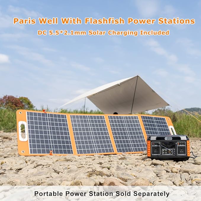 Flashfish 100W 18v Foldable Solar Panel, High-Efficiency Solar Charger with Dc Output & 65W USB.C QC3.0 Port for Portable Power Station, Camping, Travel & Outdoor