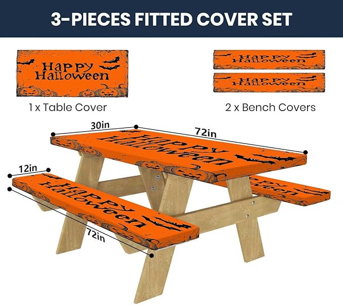 CAPSCEOLL Fitted Picnic Table Cover with Bench Covers with Elastic 6Ft Waterproof Camping Picnic Table Cover Cloths for Outdoors Camping Tablecloth with Drawstring Bag, 72X30in, Happy Halloween