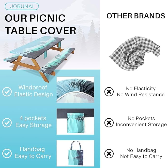 Fitted Picnic Table Cover with Bench Covers Elastic Waterproof Outdoor Camping Tablecloth for 6 Foot Rectangle Tables Camper Summer Accessories Rv Car Essentials Vacation Gifts for Women Men