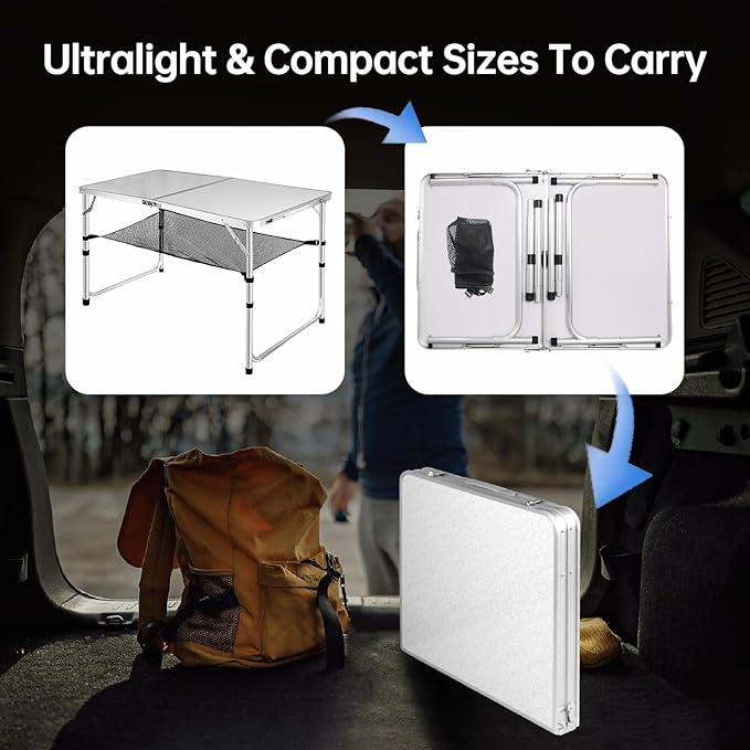 Adjustable Height Portable Camping Table - 4ft Folding Beach Table with Net Mesh, White Metal for Patio BBQ, Backpacking