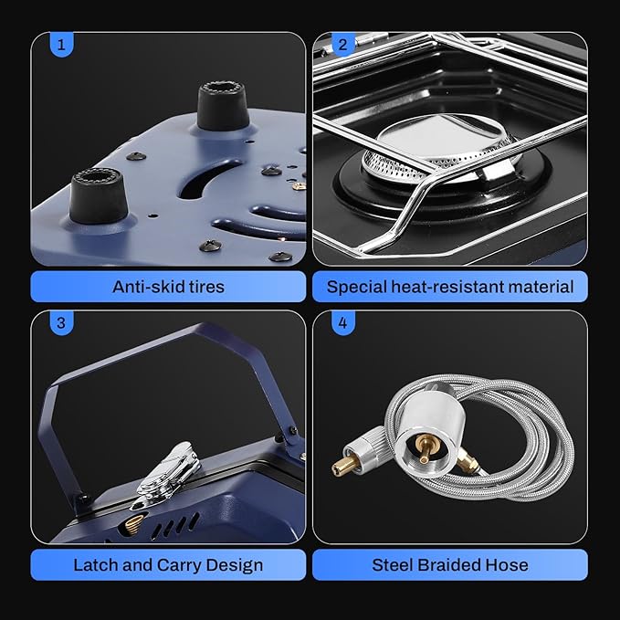 2-Burner Foldable Camping Stove with Griddle and Carrying Bag，16000 BTU Portable Propane Camp Stove with 2 Adjustable Burners & Piezo Ignition, for Camping, Home Backyard, Frying Turkey, Blue