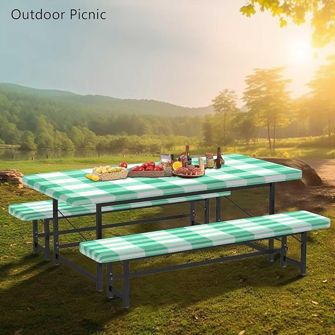 CAPSCEOLL Fitted Picnic Table Cover with Bench Covers with Elastic 6Ft Waterproof Camping Picnic Table Cover Cloths for Outdoors Camping Tablecloth with Drawstring Bag, 72X30in, Green Checkered