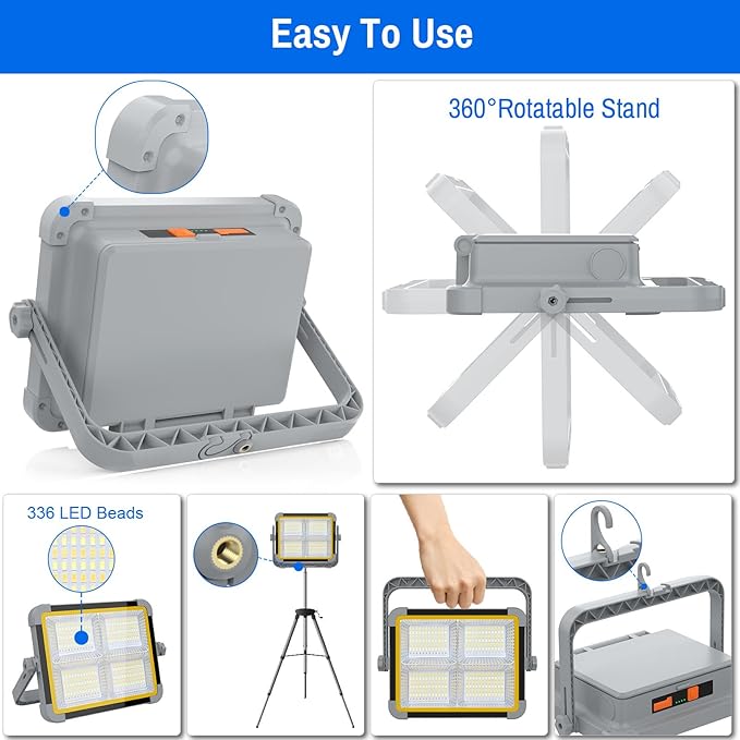 ERAY Rechargeable LED Work Light, Portable Worklight with Dual Solar Panels & 9000mAh Battery, Solar Camping Lights, 4 Lighting Modes Work Lights for Outdoor Emergency Building Car Repairing（Grey