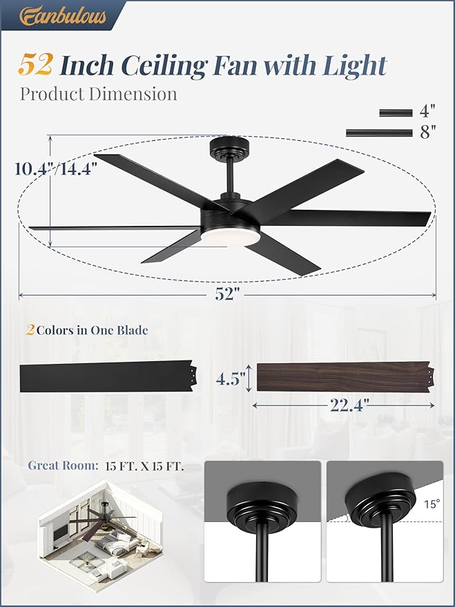 52 Inch Ceiling Fans with Lights and Remote, Reversible 6 Blades, Dimmable, 3000K-6000K Adjustable, Outdoor Ceiling Fans for Patios, Large Ceiling Fan for Indoor or Covered Outdoor, Black