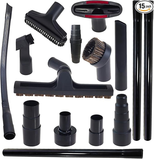 15 PCS Universal Vacuum Attachments Kit for Shop Vac Accessories - Includes Horse Hair Vacuum Brush, Floor Brush, Crevice Tool, and Hose Adapters for 2 1/2" to 1 1/4"