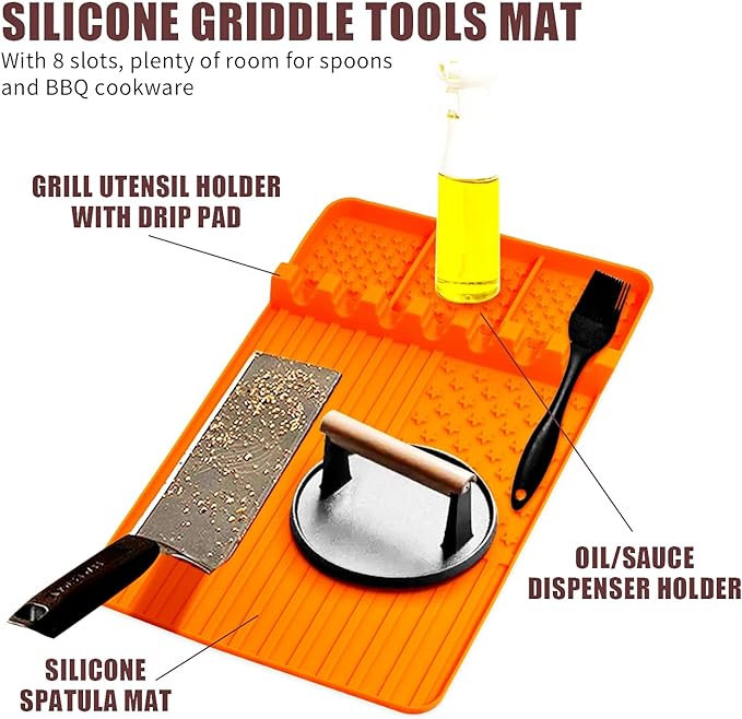 Silicone Griddle Tools Mat for Blackstone,Grill BBQ Caddy Utensils Holder for Kitchen,Cooking & Countertop,Large Spatula Mat with Drip Pad,Griddle Accessories for Blackstone (Orange)