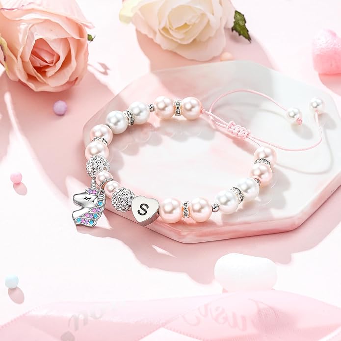 Hidepoo Unicorn Bracelet Gifts for Girls - Adjustable Pink Pearl and Rhinestone Balls Heart Initial Unicorn Bracelets Jewelry CZ Unicorn Bracelet Birthday Gifts for Girls