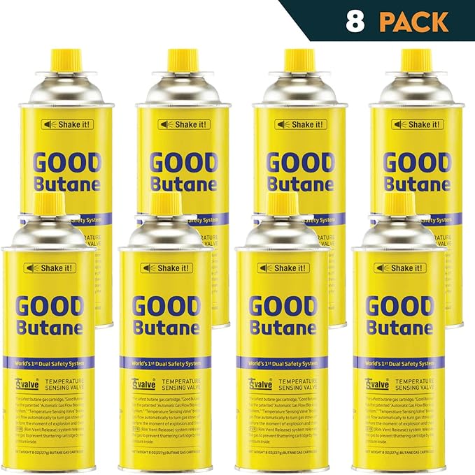 8oz Butane Fuel Canisters Cylinders with Dual Safety System for Portable Gas Stove, Camping Stoves, Gas Burners, Cooking Torch, UL Listed, Made in Korea (8 Pack)