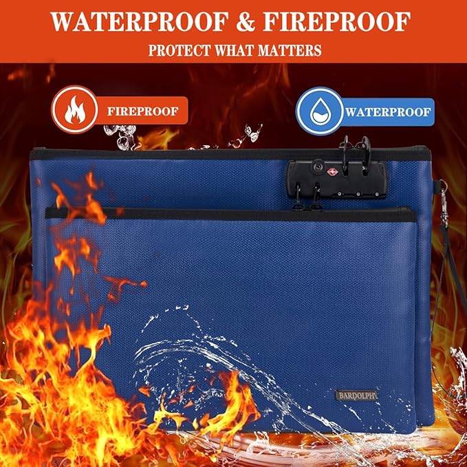 Fireproof Document Bag, Fireproof Money Bag with Lock and Zipper for Cash, FireproofBag Money Pouch, Fire Safe CashBag BankerBag, Notary Supplies (blue, Large)