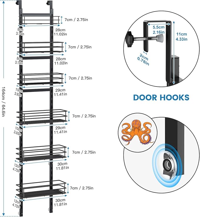 Adjustable 6-Tier Over the Door Pantry Organizer, Spice Rack, Narrow Hanging Shelf for Kitchen Storage and Organization