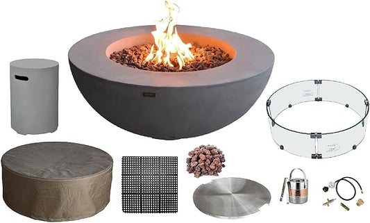 Elementi | Bundle Lunar Gas Fire Pit Cast Concrete 42" Round Fire Table, Outdoor Fire Pit Electronic Ignition | Canvas Cover, Lava Rock Included | Light Gray (Propane Gas)