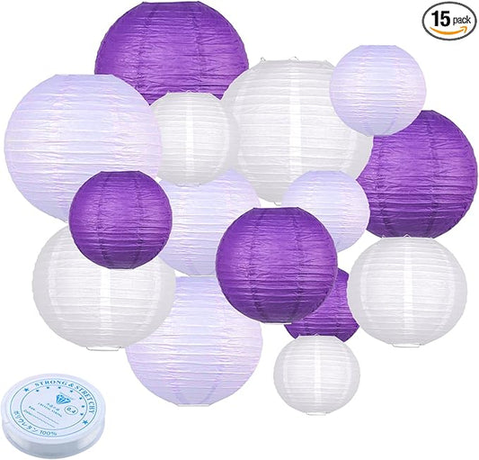 15pcs Paper Lanterns Lavender Purple White Round Hanging Chinese Paper Lanterns 4" 6" 8" 10" 12" for Bachelorette Engagement Wedding Baby Bridal Purple Birthday Decorations