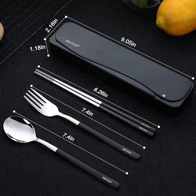 DEVICO Travel Utensils, 18/8 Stainless Steel 4pcs Cutlery Set Portable Camp Reusable Flatware Silverware, Include Fork Spoon Chopsticks with Case (Black)
