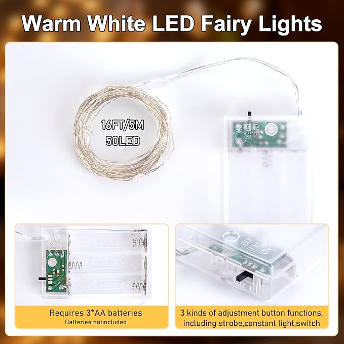 Fairy Lights Battery Operated String Lights 16.4ft 50LED Flashing and Constant Light Waterproof Silver Wire for Christmas DIY Party Bedroom Wedding (Warm White, 2 Pack)