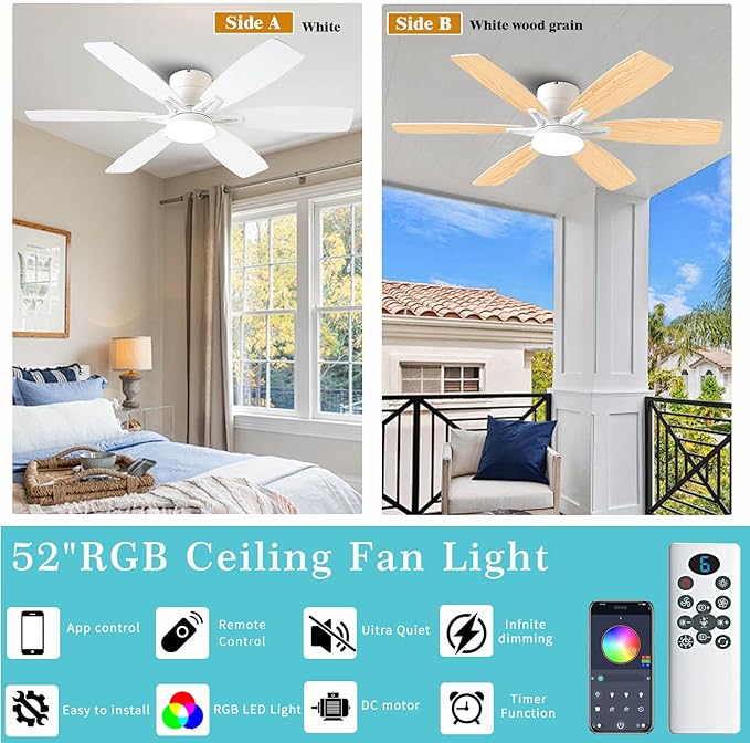 52inch White Ceiling Fans with Lights and Remote/App Control, Low Profile Ceiling Fan with Light and 6 Double-Side blades, Flush Mount, LED/RGB Dimmable DC Reversible Modern Ceiling Fan for