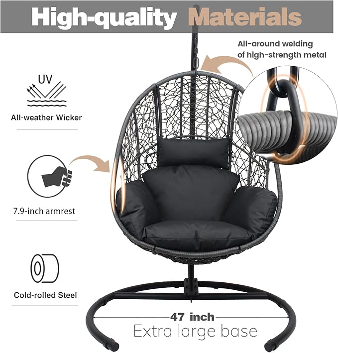 Oversized Hanging Egg Chair Outdoor Wicker Swing Chair with Stand Rain Cover UV Resistant Cushion 400lbs Capacity for Patio, Garden and Balcony
