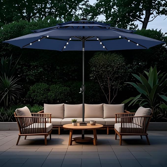 GREEN PARTY 10ft Outdoor Patio Umbrella, Auto-Tilt Market Table Umbrellas with Crank, 8 Sturdy Ribs & 1.5" Pole UV Protection for Garden Deck Backyard Pool