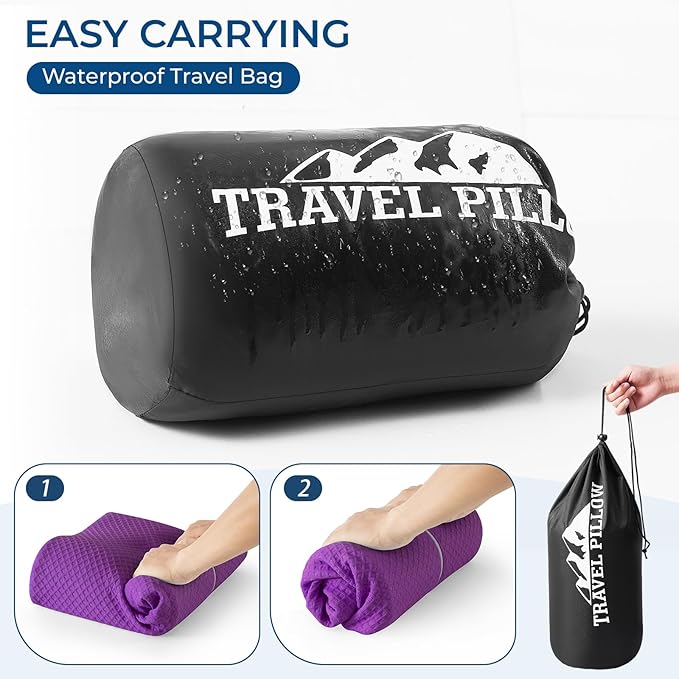 Travel Pillow Memory Foam Pillows, Ergonomic Wave Cervical Neck Pillow for Neck Pain Relief, Compressible Medium Firm Side Sleeper Pillow, Ideal for Camping, Office, Home & Bed (Purple, M)