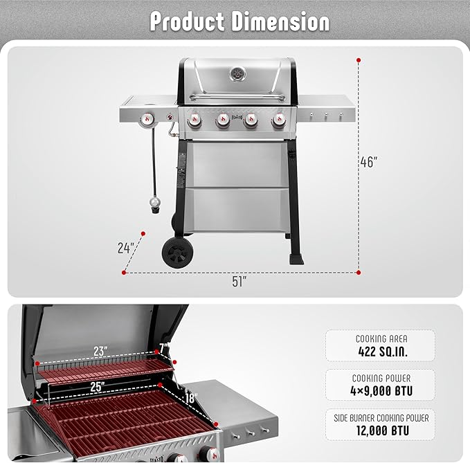 4-Burner Propane Gas Grill with Side Burner&Table, Outdoor BBQ Grill with Porcelain-Enamel Cast Iron Grates for Patio, 48,000 BTU Output Propane Grills for Outdoor Cooking, Stainless Steel