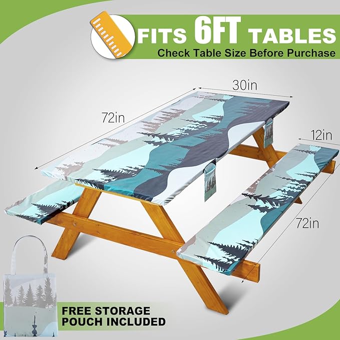 Fitted Picnic Table Cover with Bench Covers Waterproof Elastic Edges Rectangle Patio Tablecloth Outdoor Camping Essentials Stuff Rv Accessories Summer Trip Travel Supplies Party Camper Gifts, 6 ft