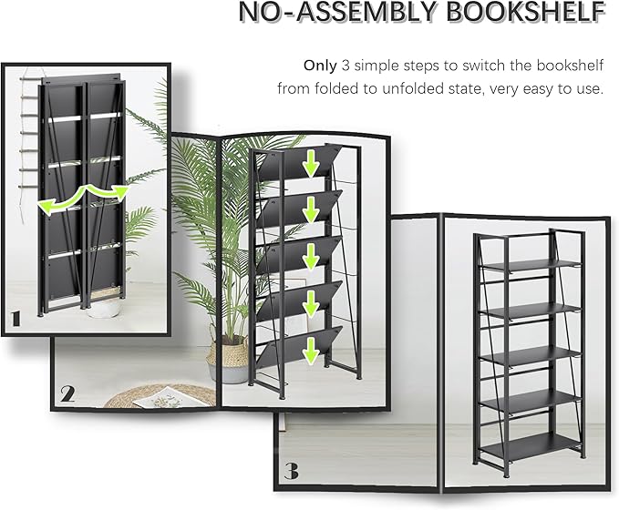 4NM No Assembly Folding Bookshelf, 5-Shelf 62.2" H Collapsible Foldable Bookcase Storage for Small Spaces, All Black