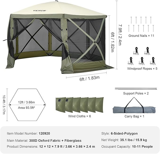 VEVOR 12x12ft Pop Up Gazebo Tent with Mosquito Netting, 6 Removable Wind Panels & 2 Mesh Windows, Outdoor Canopy Shelter for Patio, Army Green