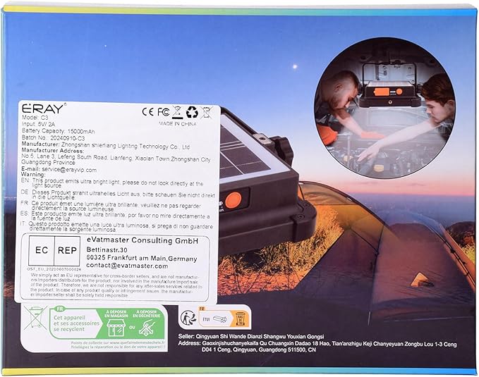 ERAY Portable LED Work Light with Rechargeable Battery 15000mAh 10000 LM, Solar Camping Lights, IP66 4 Lighting Modes Worklight for Outdoor Building Emergency Car Repairing