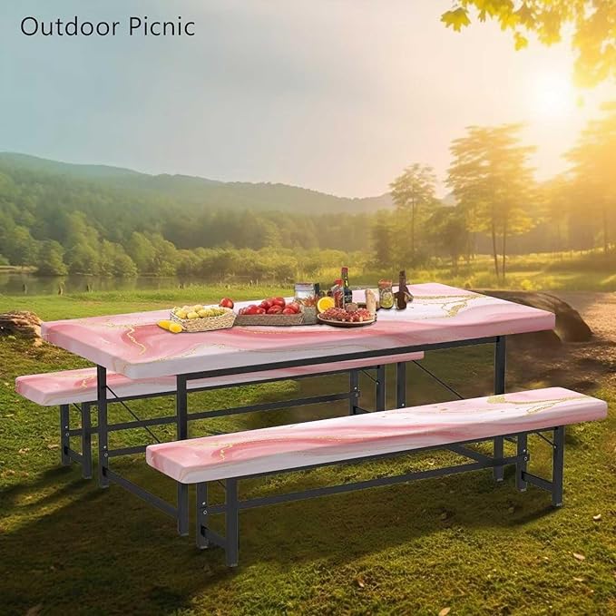 CAPSCEOLL Elastic Picnic Table Cover with Bench Covers 5Ft Waterproof Fitted Picnic Table Cover Cloths for Outdoors Camping Tablecloth with Drawstring Bag, 60X30in, Pink Marble