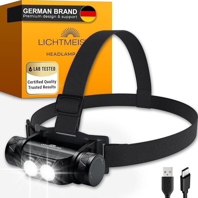 LICHTMEISTER® Headlamp - 1000 Lumens, 3600 mAh Battery, Aluminium Housing - Headlamp Rechargeable - LED Headlamp for Running, Camping & Work - Head Lights for Forehead - Rechargeable Head Lamp