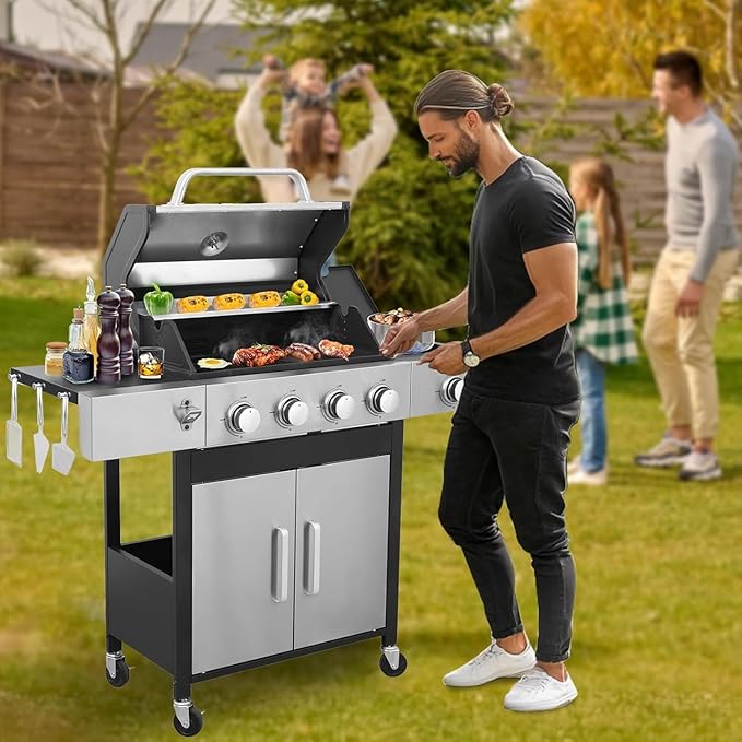 4 Burner Gas Grill with Side Burner, Dual-sided Frying Pan, Built-in Thermometer, Wheels, Side Table, Stainless Steel Burner, 47,000 BTU Outdoor Grill for Patio, Garden, Balcony