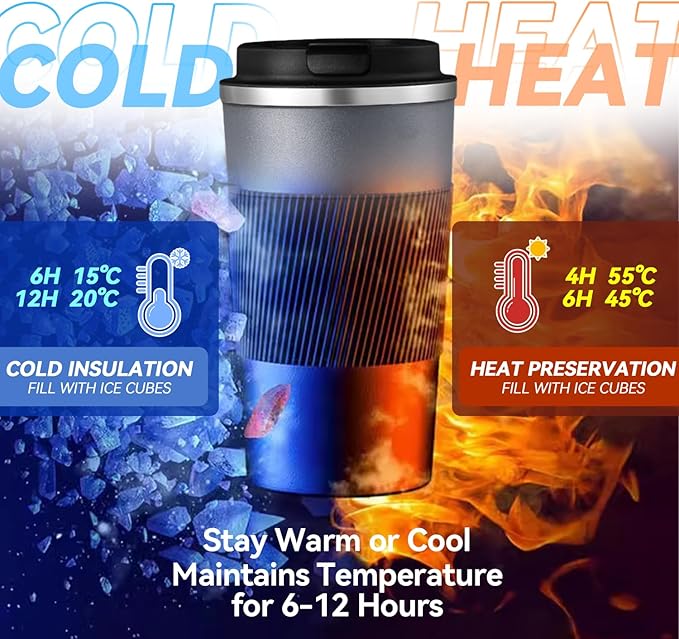 17OZ Travel Coffee Mug Insulated Coffee Cup with Spill Leak Proof Lid, Portable Stainless Steel Tumbler Reusable Hot and Cold Water Mug for Car, Daily, Camping- Gray