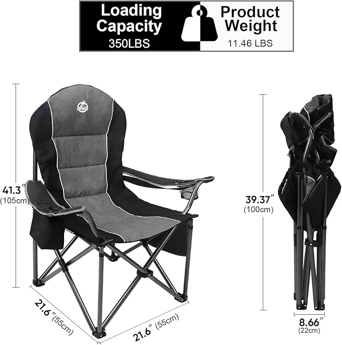 Northroad Oversized Portable Camping Chair, Full Padded Outdoor Folding Chair Support 350 LBS, Heavy Duty Lawn Chair with Cup Holder, Cooler Bag, Lumbar Support, Head Pocket for Adult-Black
